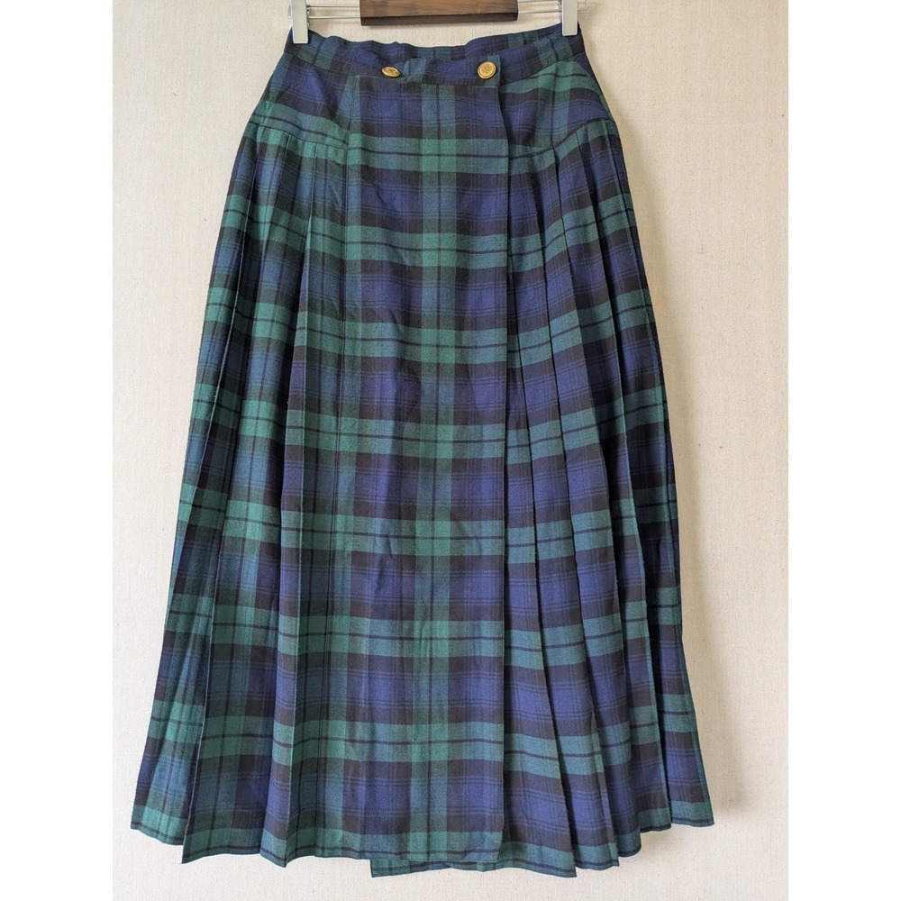 VTG Erika Long Pleated Maxi Skirt Womens 40 Small Green Black Watch Plaid Wrap